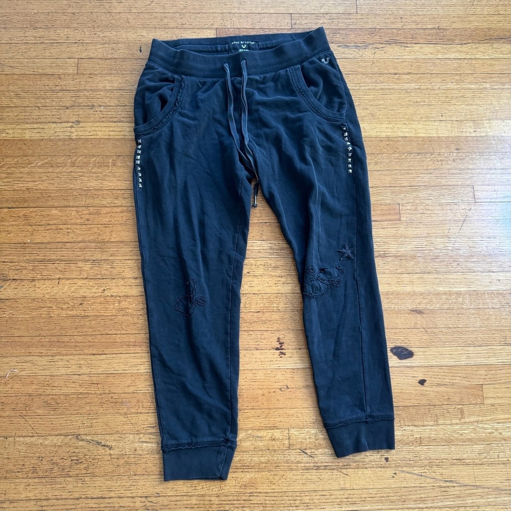 True Religion Joggers Mens M Black Good Studded Punk Y2K Distressed Sweatpants